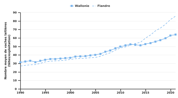 Evolution du nombre moyen de vaches laitières en Belgique