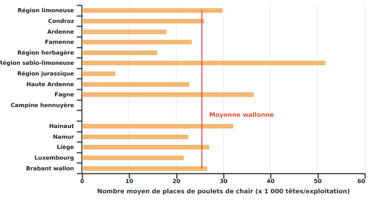 Nombre moyen de places poulets de chair par exploitation selon la région agricole ou la province en 2020