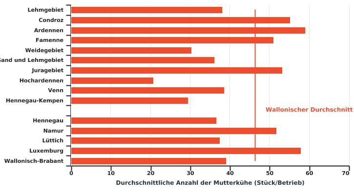 Durchschnittliche Anzahl von Mutterkühen pro Betrieb nach Agrarregion oder Provinz in 2022