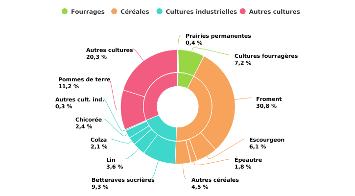 Répartition de la superficie agricole utilisée des exploitations spécialisées en grandes cultures en 2022