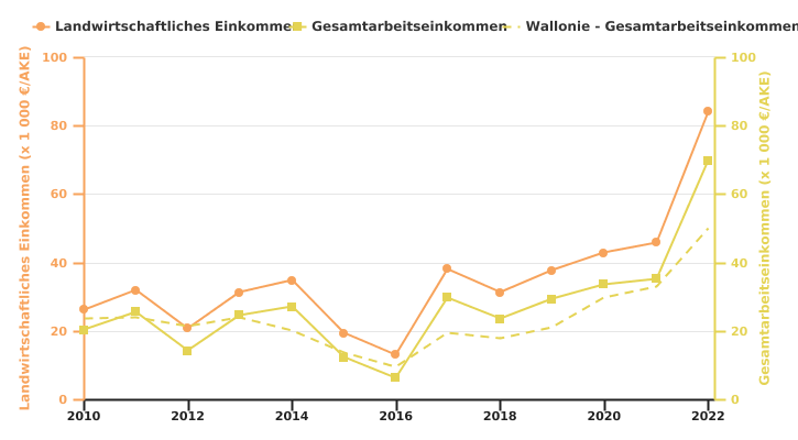 Entwicklung des Einkommens eines wallonischen auf Milchvieh spezialisierten Betriebs pro AKE (Familie oder gesamt)