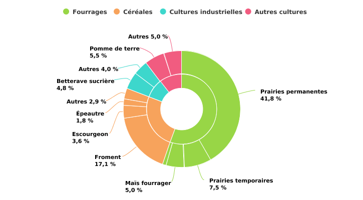 Répartition de la superficie agricole utilisée selon les productions végétales en 2022