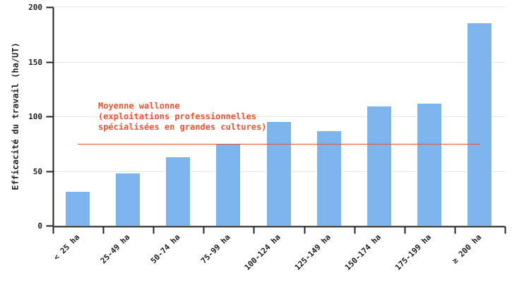 Efficacité du travail en fonction de la taille des exploitations spécialisées en grandes cultures en 2023
